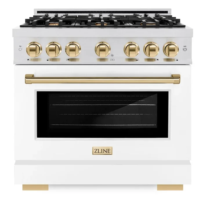 ZLINE Autograph 36″ 5.2 cu. ft. Select Dual Fuel Range with 6 Burner Gas Cooktop and Electric Convection Oven in Satin Stainless Steel with White Matte Door and Polished Gold Accents, HDRSZ-WM-36-G