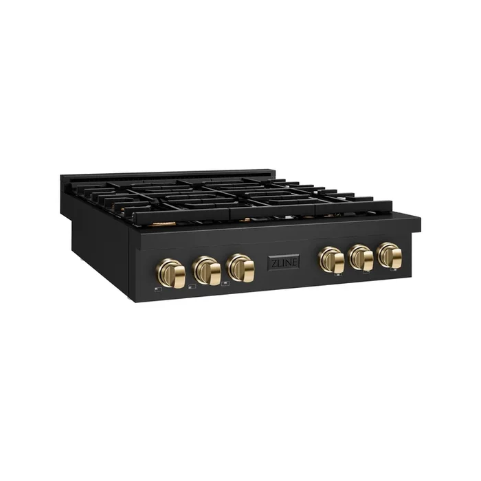 ZLINE Autograph 36″ Paramount Gas Rangetop with 6 Burners and Porcelain Cooktop in Black Stainless Steel with Polished Gold Accents, SRTBZ-36-G