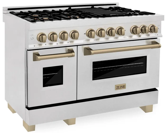 ZLINE Autograph 48″ 6.0 cu. ft. Legacy Dual Fuel Range with 7 Burner Gas Cooktop and 2 Electric Ovens in Satin Stainless Steel and Champagne Bronze Accents, RASZ-SN-48-CB