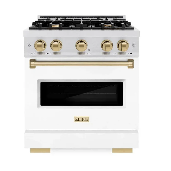 ZLINE Autograph 48″ 6.7 cu. ft. Classic Double Oven Dual Fuel Range with 8 Burner Gas Cooktop in Satin Stainless Steel with Black Matte Doors and Champagne Bronze Accents, CDRSZ-BLM-48-CB