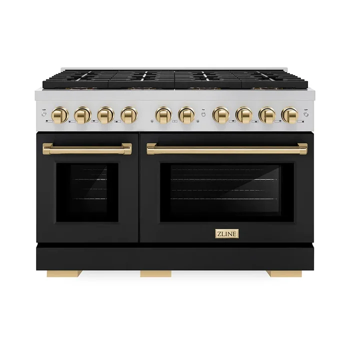 ZLINE Autograph 48″ 6.7 cu. ft. Paramount Gas Range with 8 Burner DuoPro™ Cooktop and Dual Ovens with Black Matte Doors and Polished Gold Accents, PSGRZ-BLM-48-G