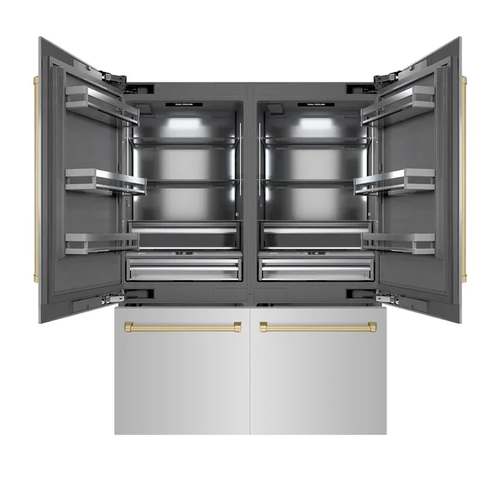 ZLINE Autograph 60″ 32.2 cu. ft. French Door Built-In Bottom Freezer Refrigerator with Water Dispenser and Ice Maker in Stainless Steel with Graphite Gray Interior and Champagne Bronze Accents, GRBIVZ-304-60CB