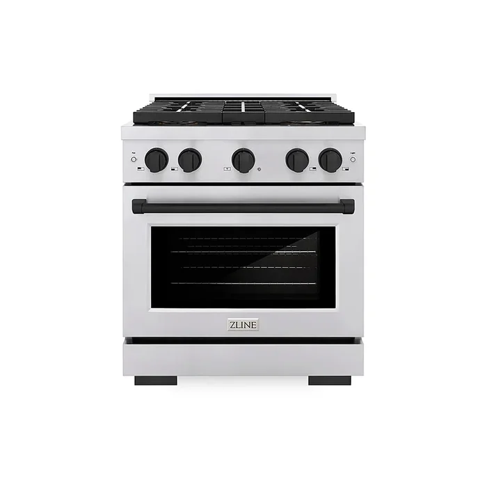 ZLINE Autograph Edition 30″ 4.2 cu. ft. Paramount Dual Fuel Range with 4 Burner DuoPro™ Cooktop and Electric Convection Oven in Stainless Steel with Matte Black Accents, PSDRZ-30-MB