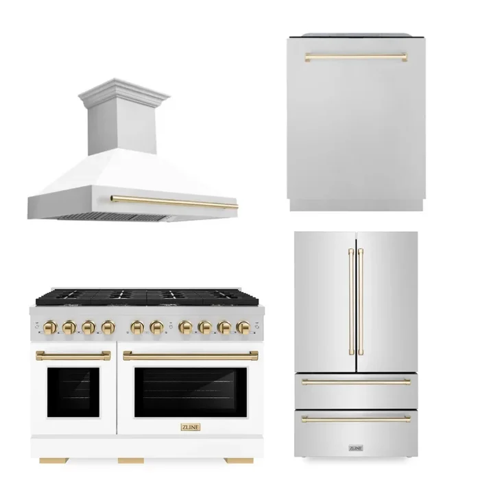 ZLINE Autograph Package – 48 In. Gas Range, Range Hood, Refrigerator, Dishwasher with Gold Accents, 4KAPR-RGWMRHDWM48-G