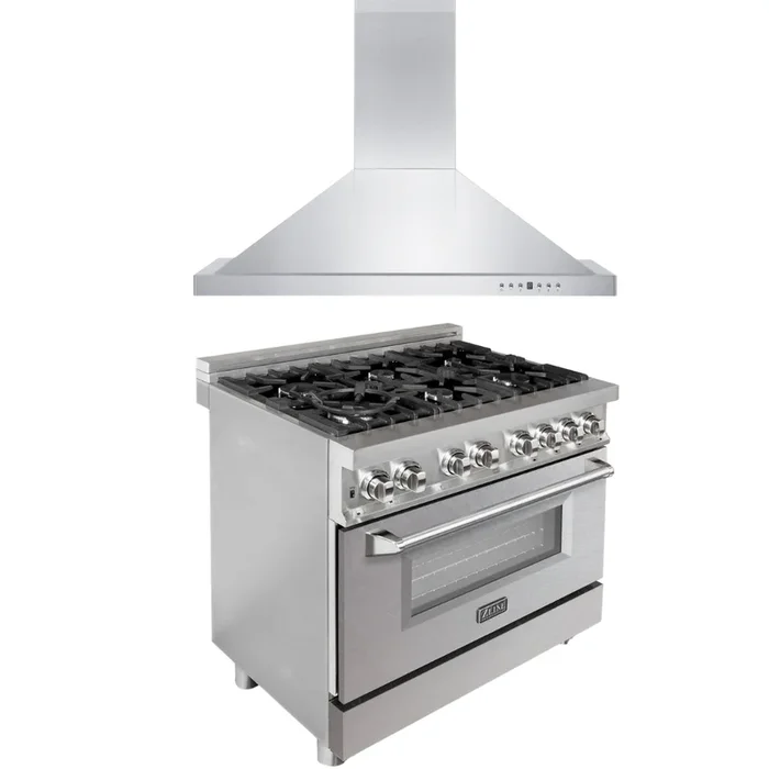 ZLINE Kitchen and Bath 36 in. Dual Fuel Range with Satin Stainless Steel Door & 36 in. Range Hood Appliance Package, 2KP-RASNRH36
